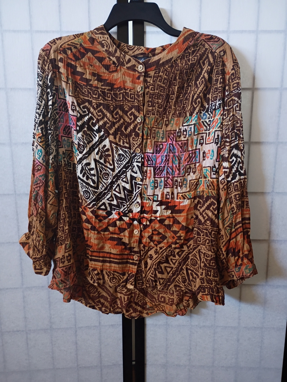 Tolani Collection High Low Boho Patchwork/Multi Tribal Print Button-Front Top